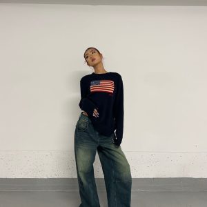 Baggy Skate Pants for Girls - Film-Style Yellow and Blue Wash Slimming Jeans, 90s Inspired Streetwear Fashion