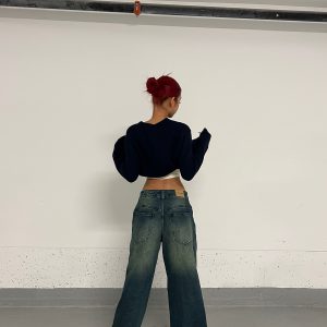 Baggy Skate Pants for Girls - Film-Style Yellow and Blue Wash Slimming Jeans, 90s Inspired Streetwear Fashion