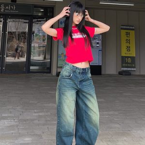 Baggy Skate Pants for Girls - Film-Style Yellow and Blue Wash Slimming Jeans, 90s Inspired Streetwear Fashion