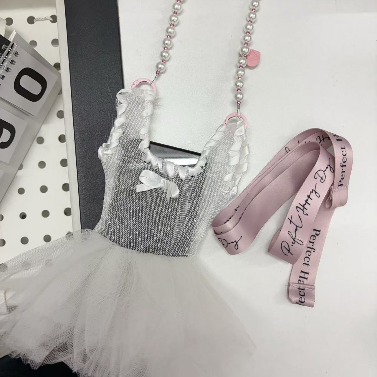 Ballet-Style Heart Phone Bag with Pearl Chain, Mesh Crossbody Tote for Girls - Cute and Chic Accessory