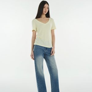 Basic Four-Color Tencel Wool Slightly Loose V-Neck Short Sleeve T-Shirt - Casual 90s Style Top