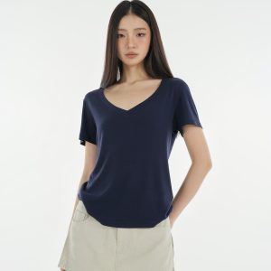 Basic Four-Color Tencel Wool Slightly Loose V-Neck Short Sleeve T-Shirt - Casual 90s Style Top