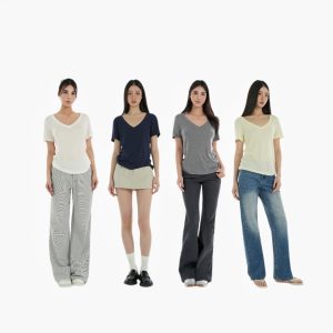 Basic Four-Color Tencel Wool Slightly Loose V-Neck Short Sleeve T-Shirt - Casual 90s Style Top