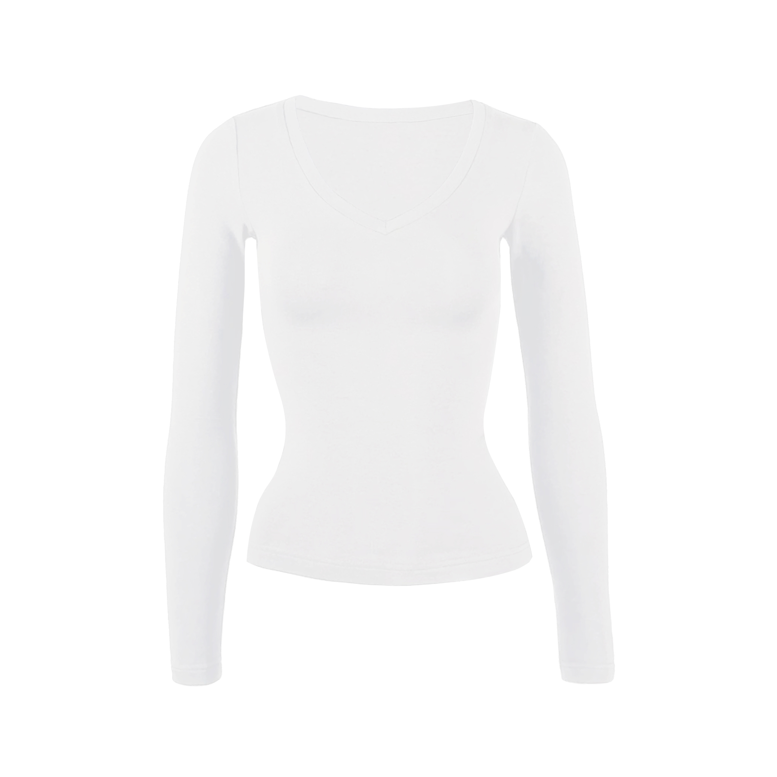 Basic Four-Color V-Neck Stretch Fitted Long Sleeve Top - Versatile Everyday Essential, Perfect for Layering and Casual Outfits