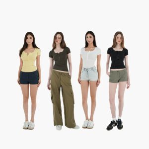 Basic U-Neck Slim Fit Stretch Short Sleeve Top with Henry Collar - Versatile Essential for Casual and Smart Outfits