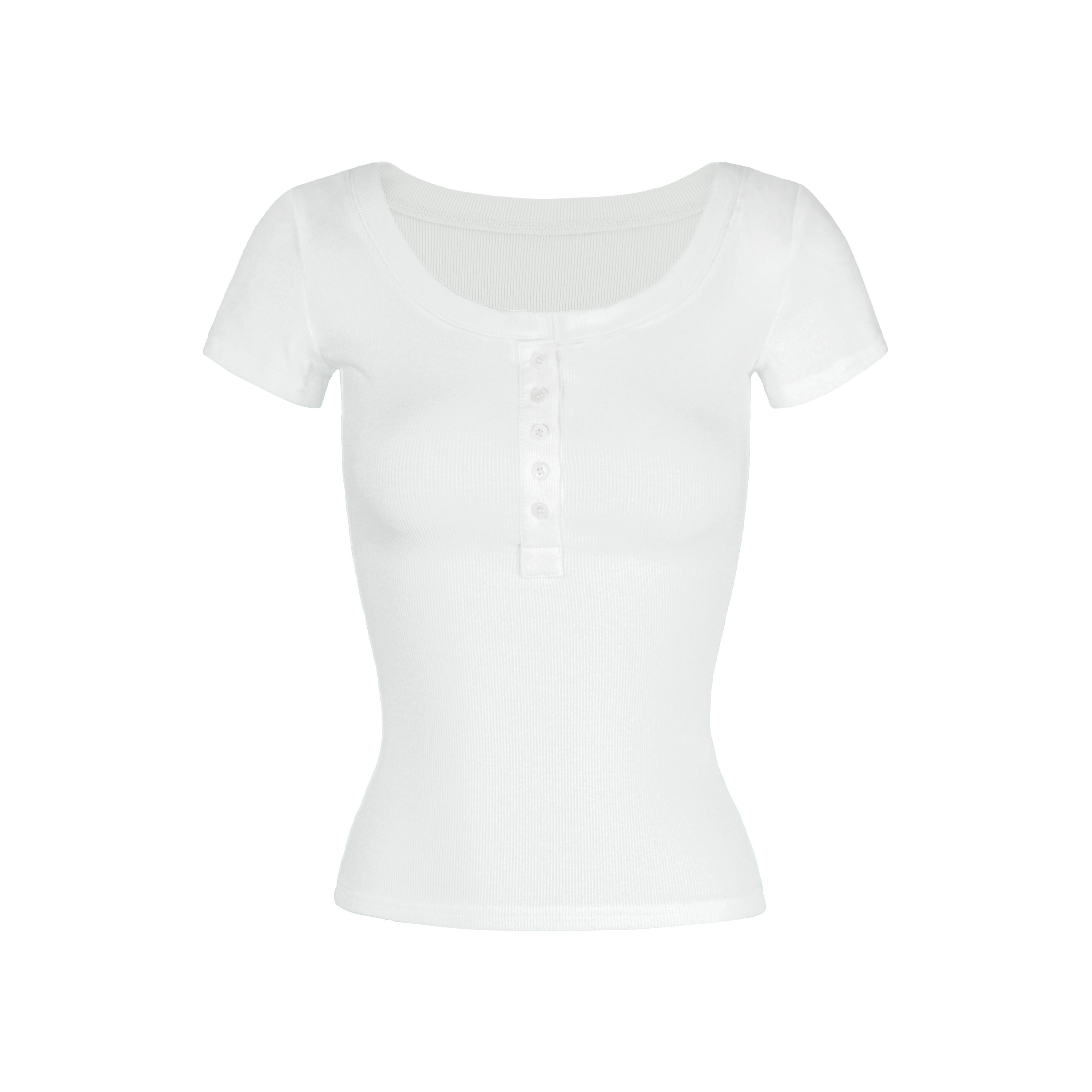 Basic U-Neck Slim Fit Stretch Short Sleeve Top with Henry Collar - Versatile Essential for Casual and Smart Outfits