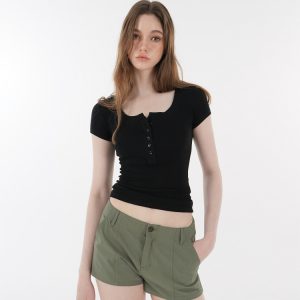 Basic U-Neck Slim Fit Stretch Short Sleeve Top with Henry Collar - Versatile Essential for Casual and Smart Outfits
