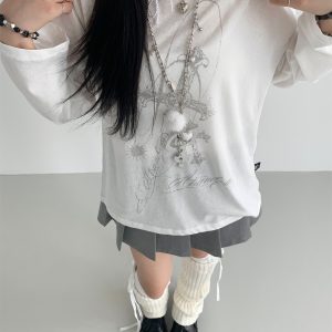 Basil Off-Shoulder One-Shoulder Sheer Long Sleeve Cold Shoulder Top for Sun Protection - Trendy Original Print Fashion Top