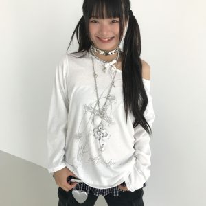 Basil Off-Shoulder One-Shoulder Sheer Long Sleeve Cold Shoulder Top for Sun Protection - Trendy Original Print Fashion Top