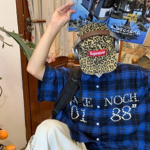 Beaded Plaid Shirt for Men and Women, Summer Loose Fit Couple Streetwear, Vintage Pearl Design, 90s Inspired Fashion