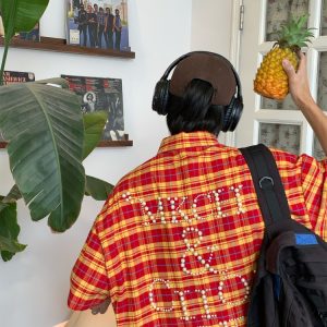 Beaded Plaid Shirt for Men and Women, Summer Loose Fit Couple Streetwear, Vintage Pearl Design, 90s Inspired Fashion