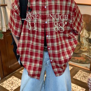 Beaded Plaid Shirt for Men and Women, Summer Loose Fit Couple Streetwear, Vintage Pearl Design, 90s Inspired Fashion