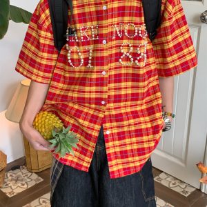 Beaded Plaid Shirt for Men and Women, Summer Loose Fit Couple Streetwear, Vintage Pearl Design, 90s Inspired Fashion