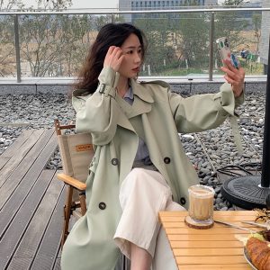 Bean Green Mid-Length Trench Coat for Women, Petite Sizes, 2024 Spring Autumn British Korean Style Fashion