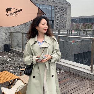 Bean Green Mid-Length Trench Coat for Women, Petite Sizes, 2024 Spring Autumn British Korean Style Fashion