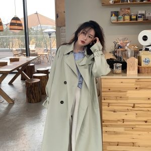 Bean Green Mid-Length Trench Coat for Women, Petite Sizes, 2024 Spring Autumn British Korean Style Fashion