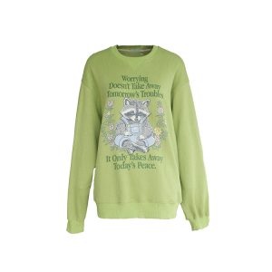 Bear Apocalypse Green Retro Printed Sweatshirt for Women - Vintage Style Thick Pullover for Spring and Autumn Fashion