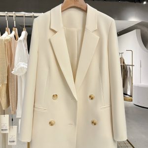 Beige Elegant Blazer Jacket for Women - 2025 Spring Autumn French Professional Style Suit Coat