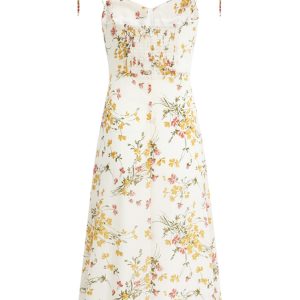 Beige Floral Spaghetti Strap Dress with Side Slit - French Style Summer Vacation Long Dress for Women 2025