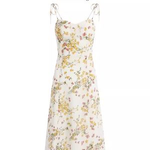 Beige Floral Spaghetti Strap Dress with Side Slit - French Style Summer Vacation Long Dress for Women 2025