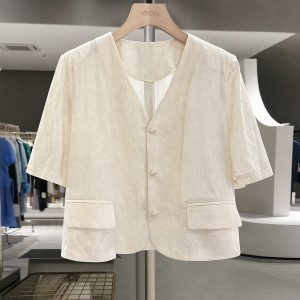 Beige French Chic Linen Short-Sleeve Coat for Women - 2025 Summer Petite Fashion Top