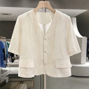 Beige French Chic Linen Short-Sleeve Coat for Women - 2025 Summer Petite Fashion Top