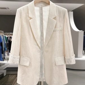 Beige Lace Patchwork Thin Blazer for Women - 2025 Summer Collection, Fashionable Mature Style Suit, Elegant Layering Piece
