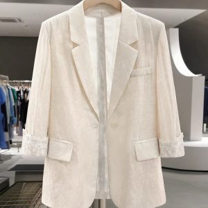Beige Lace Patchwork Thin Blazer for Women - 2025 Summer Collection, Fashionable Mature Style Suit, Elegant Layering Piece