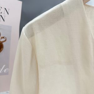 Beige Minimalist Short Sleeve V-Neck Shirt for Women - Versatile Thin Summer Jacket, Exquisite Trendy Top 2025