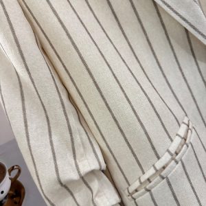 Beige Striped Three-Quarter Sleeve Blazer for Women - 2025 Summer Korean Style Commuter Fashion with High-End Feel