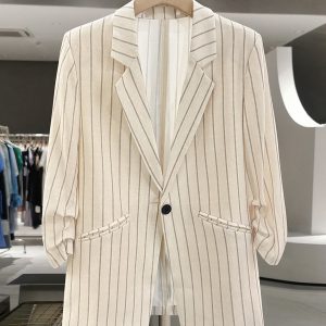 Beige Striped Three-Quarter Sleeve Blazer for Women - 2025 Summer Korean Style Commuter Fashion with High-End Feel