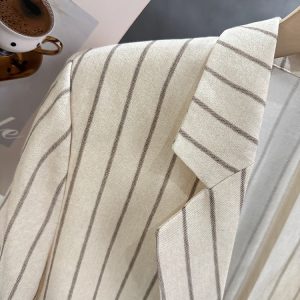 Beige Striped Three-Quarter Sleeve Blazer for Women - 2025 Summer Korean Style Commuter Fashion with High-End Feel
