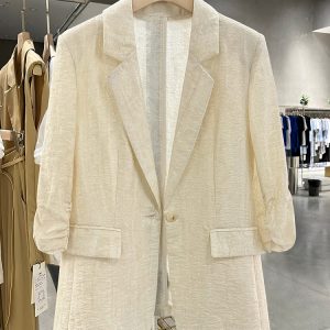 Beige Vintage Lightweight Suit Jacket for Women - 2025 Summer Slimming Pleated Blazer, Fashionable & Versatile 90s Style