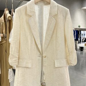 Beige Vintage Lightweight Suit Jacket for Women - 2025 Summer Slimming Pleated Blazer, Fashionable & Versatile 90s Style