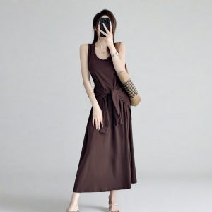 Belted Multi-Wear Vest Dress, Tie-Up, Slimming Draped Design, Large Hem, Long Summer Dress for 2025, Perfect for Y2K and Trendy Styles