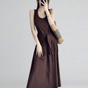 Belted Multi-Wear Vest Dress, Tie-Up, Slimming Draped Design, Large Hem, Long Summer Dress for 2025, Perfect for Y2K and Trendy Styles