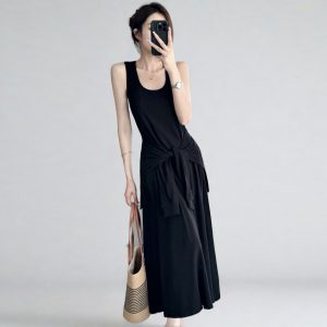 Belted Multi-Wear Vest Dress, Tie-Up, Slimming Draped Design, Large Hem, Long Summer Dress for 2025, Perfect for Y2K and Trendy Styles