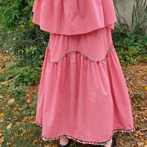 Berry Red Handmade Flower Vine Pavilion Shirt and Long A-Line Skirt Set for Women - Vintage Spring Floral Outfit