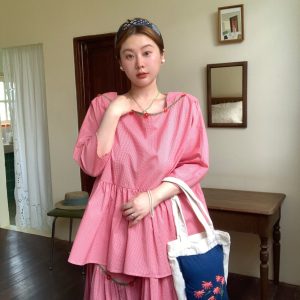 Berry Red Handmade Flower Vine Pavilion Shirt and Long A-Line Skirt Set for Women - Vintage Spring Floral Outfit