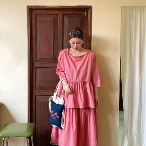 Berry Red Handmade Flower Vine Pavilion Shirt and Long A-Line Skirt Set for Women - Vintage Spring Floral Outfit