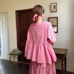 Berry Red Handmade Flower Vine Pavilion Shirt and Long A-Line Skirt Set for Women - Vintage Spring Floral Outfit