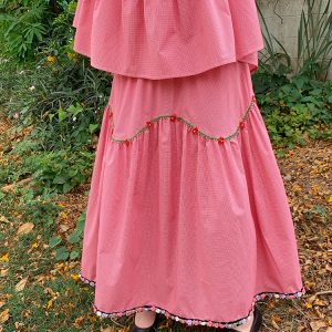 Berry Red Handmade Flower Vine Pavilion Shirt and Long A-Line Skirt Set for Women - Vintage Spring Floral Outfit
