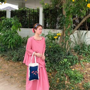 Berry Red Handmade Flower Vine Pavilion Shirt and Long A-Line Skirt Set for Women - Vintage Spring Floral Outfit