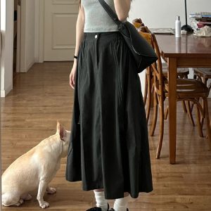 Black A-Line Work Skirt for Women - Mid-Length Slimming Umbrella Skirt for Pear-Shaped Figures - Summer 2025 Fashion