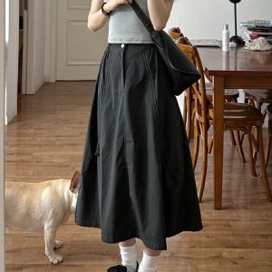 Black A-Line Work Skirt for Women - Mid-Length Slimming Umbrella Skirt for Pear-Shaped Figures - Summer 2025 Fashion