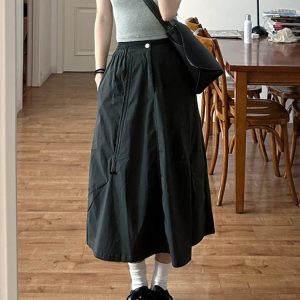 Black A-Line Work Skirt for Women - Mid-Length Slimming Umbrella Skirt for Pear-Shaped Figures - Summer 2025 Fashion