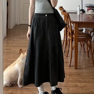 Black A-Line Work Skirt for Women - Mid-Length Slimming Umbrella Skirt for Pear-Shaped Figures - Summer 2025 Fashion