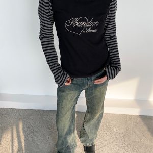 Black and Gray Color-Blocked Striped Casual Slim-Fit Knitted Long Sleeve Top Tee for Y2K and 90s Style Fashion