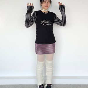 Black and Gray Color-Blocked Striped Casual Slim-Fit Knitted Long Sleeve Top Tee for Y2K and 90s Style Fashion