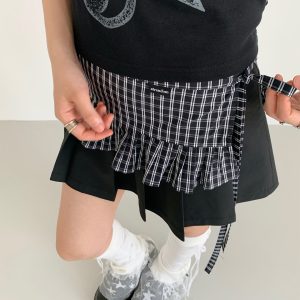 Black and White Checkered Handmade Pleated Lace One-Piece Tie Layered Skirt - Trendy Y2K Fashion Statement